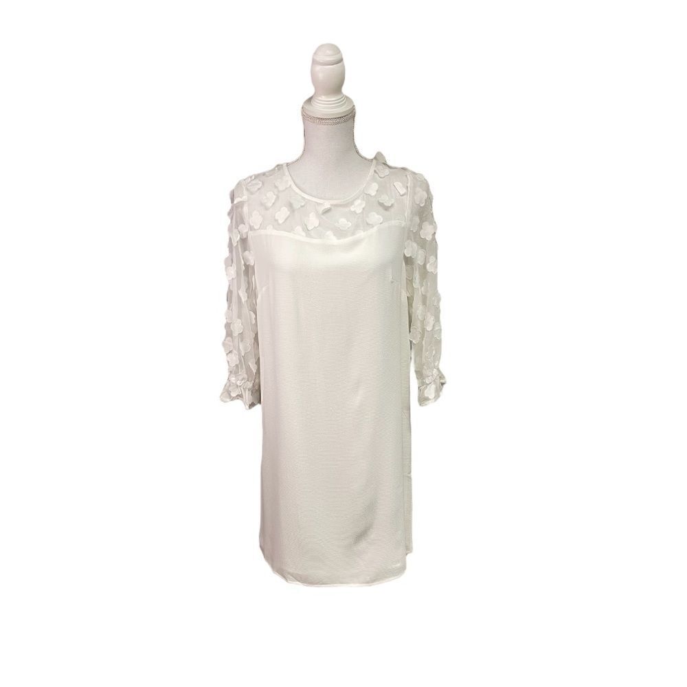 CeCe 3/4 Sleeve Flower Overlay Mini Ivory Mini Dress
